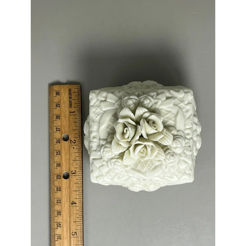 White Porcelain Bisque Jewelry Trinket Dish Roses Victorian 3